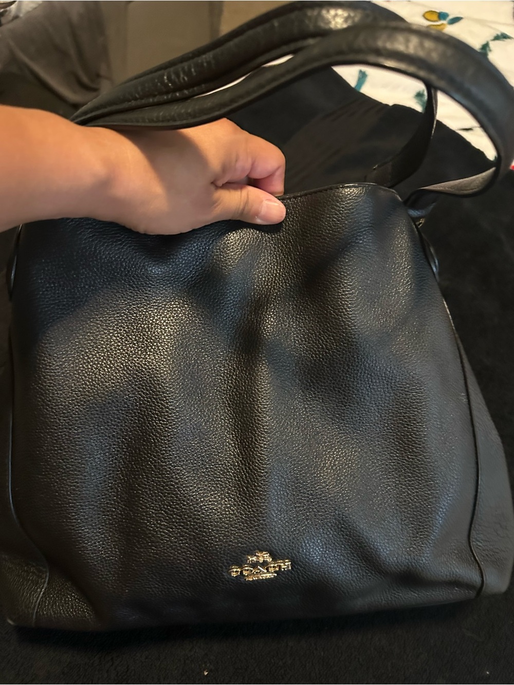 Coach Black Pebbled Leather Top-Handle Tote with Gold Logo